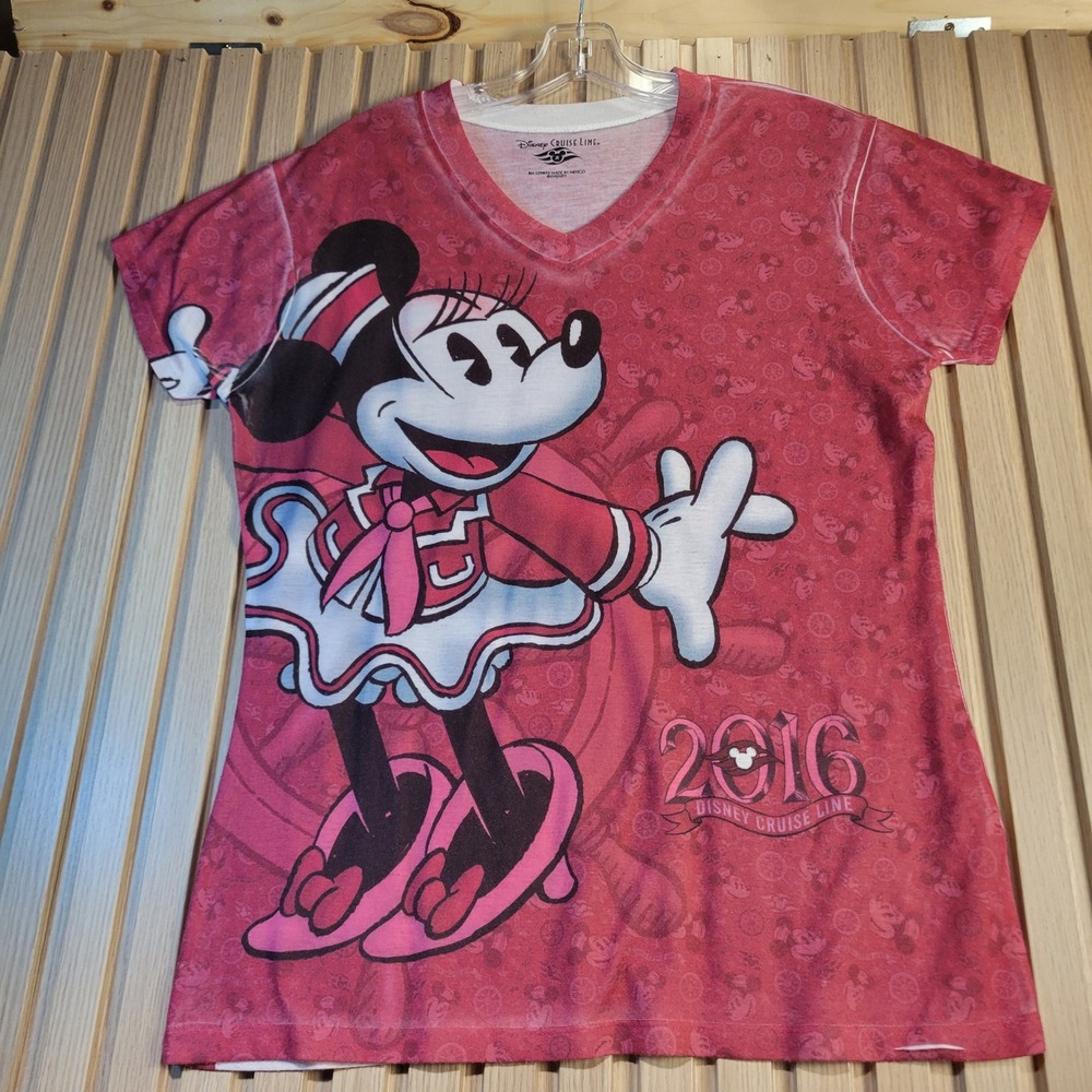 Disney Cruise Line 2016 Minnie Mouse V-Neck T-Shirt Red All Over Print Medium